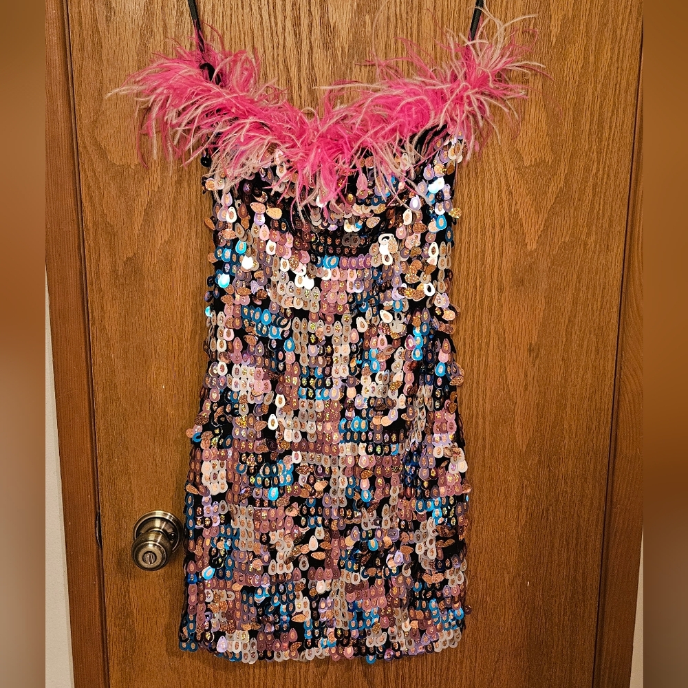 NWT Fashion Nova Wondering Eyes Feather Sequin Mini Dress Multi Color Size Large - Picture 7 of 15